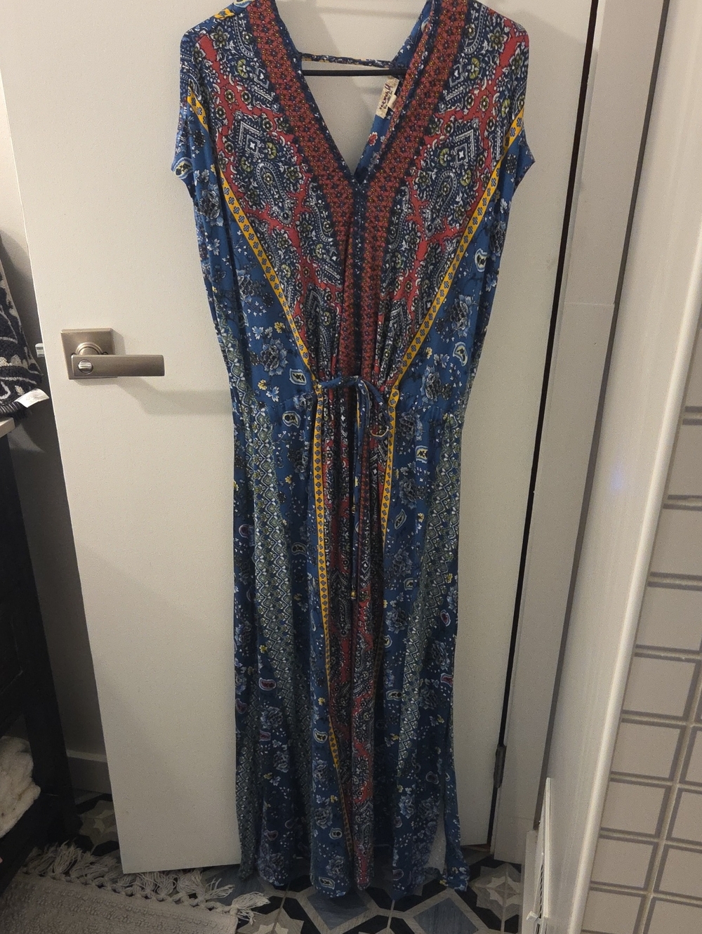 ONE WORLD Blue Maxi Dress with Red and Yellow Trim